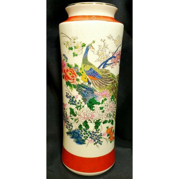 VTG SATSUMA VASE Japanese Hand Painted Peacock Crackle Glaze 12" Gold Accents VG
